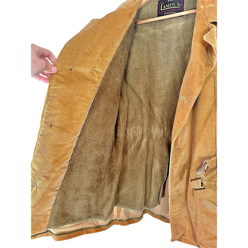 Vintage Campus Outerwear Belted Corduroy Lined Coat Men's 42